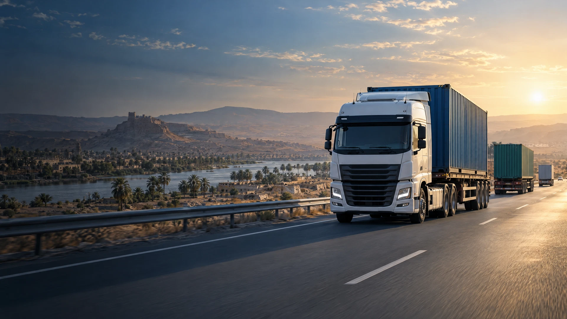 Illustrative cargo truck on an open road in an arid landscape
